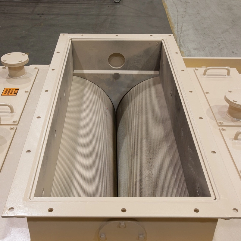 Inlet view of an Gundlach Crushers® NANOSIZ-R® showing dual corrugated rolls designed for controlled fine grinding and precise particle size reduction.