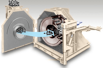 Simplified cutaway illustration of a Gundlach Crushers® Cage-Paktor® showing material entering the crushing chamber and passing through the cage-style impact reduction system.