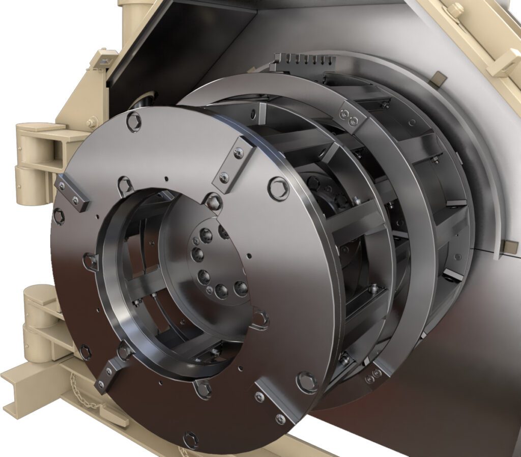 Close-up rendering of the next-generation cage mill assembly inside a Gundlach Crushers® Cage-Paktor® showing concentric impact cages and heavy-duty rotor construction.