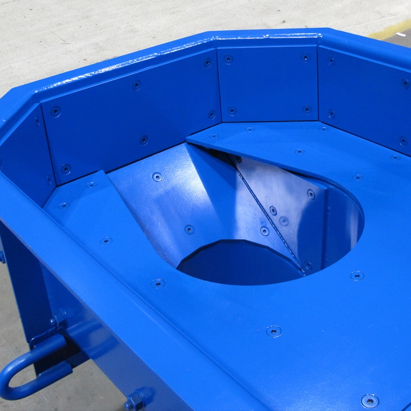 Close-up view of the Jeffrey Rader® Centroload™ Feeder center-loading inlet and discharge transition designed for controlled bulk material flow and even distribution.