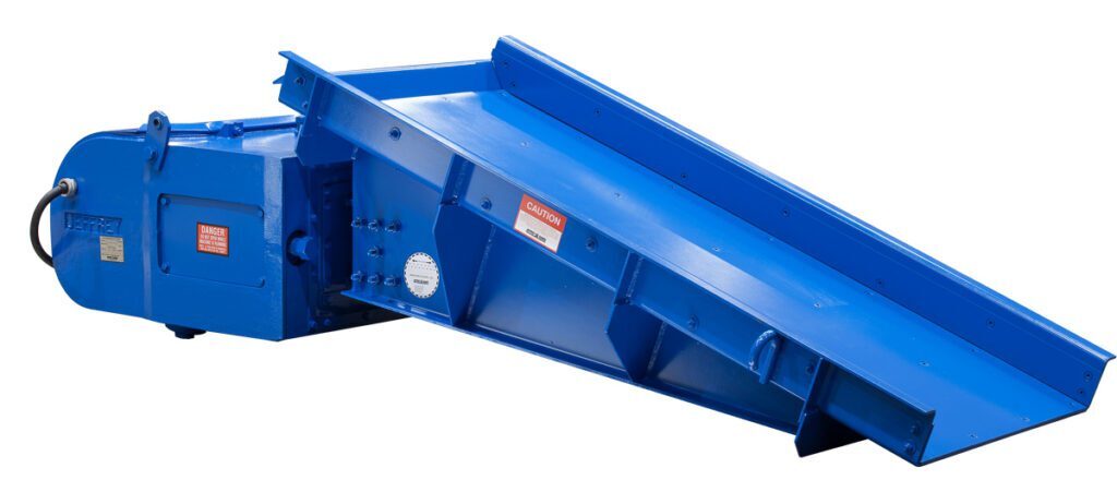 Jeffrey Rader® EF (Electrical Pulse) electromagnetic vibrating feeder with elongated feeder tray and enclosed electromagnetic drive housing for precise bulk material feeding.