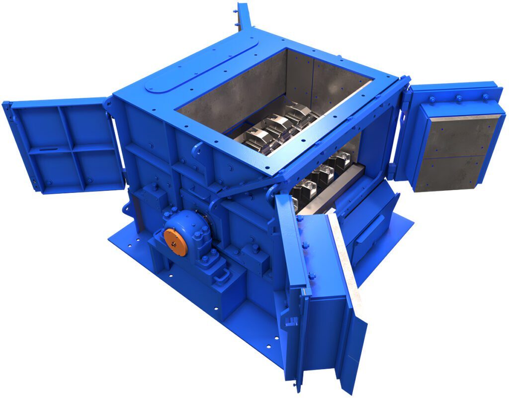 Jeffrey Rader® EnduraHog™ hammer mill with open access housing doors revealing the internal hammer rotor assembly and wear liners for simplified maintenance access.