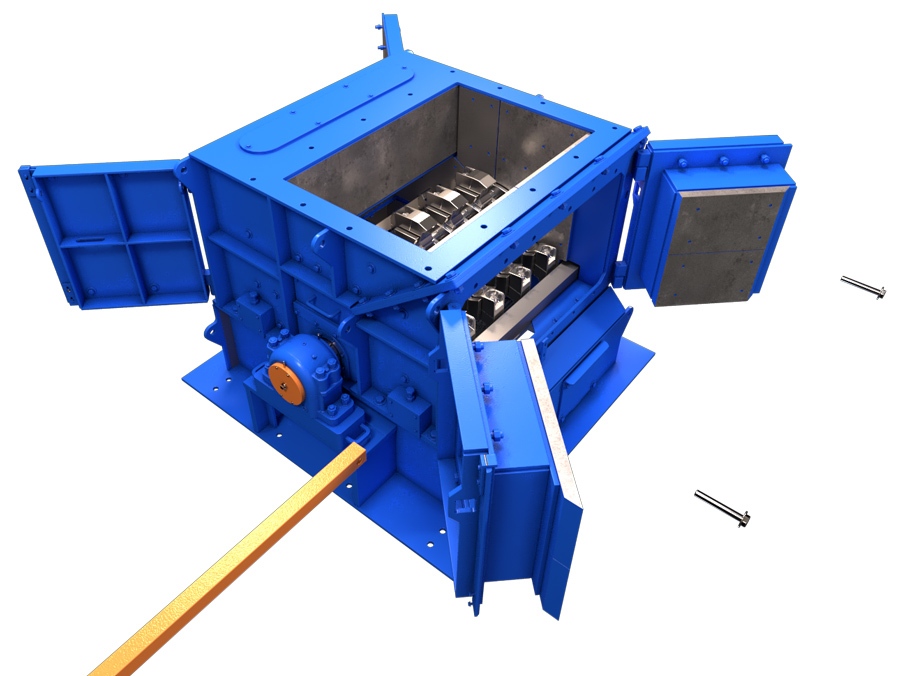 Jeffrey Rader® EnduraHog™ hammer mill with multiple access doors opened, exposing the internal hammer rotor and grinding chamber for maintenance and inspection.