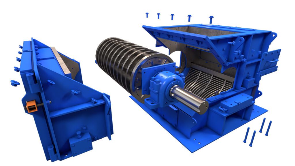 Exploded maintenance view of a Jeffrey Rader® EnduraHog™ hammer mill showing the removable rotor assembly and access housing for simplified service and component replacement.