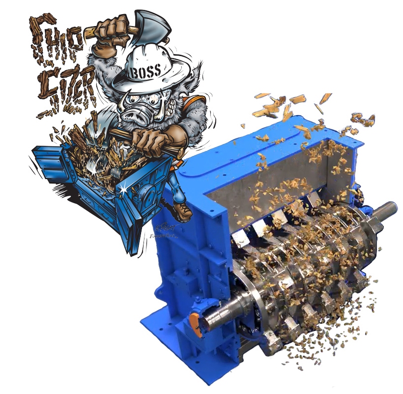 Jeffrey Rader® EnduraHog™ ChipSizer hammer mill processing wood chips with exposed rotor assembly producing uniform chip sizing and high-volume material reduction.