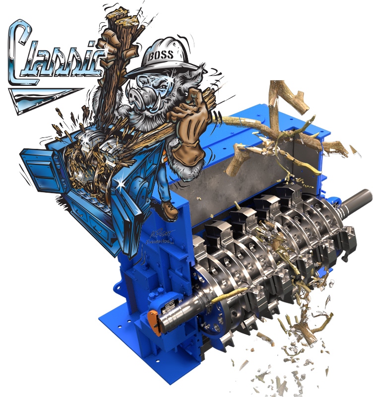 Jeffrey Rader® EnduraHog™ Classic hammer mill processing branches and wood debris with exposed hammer rotor assembly actively reducing material size.