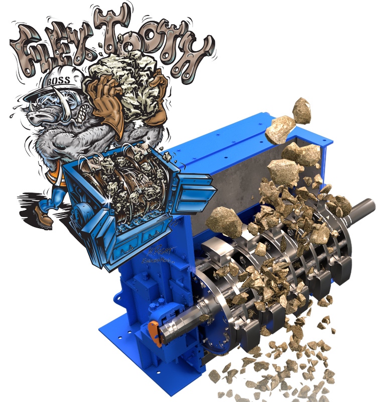 Jeffrey Rader® EnduraHog™ Flextooth hammer mill processing rock and heavy material with exposed rotor assembly delivering aggressive size reduction.