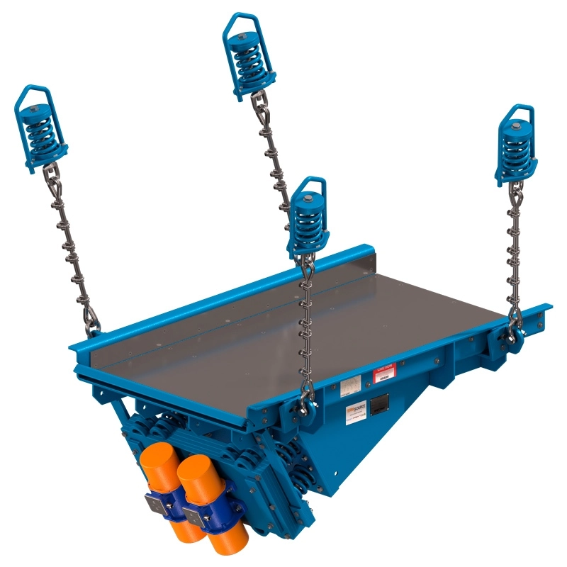 Suspended Jeffrey Rader® NFE electromechanical vibrating feeder with chain-mounted spring supports and dual vibratory drive assembly for controlled bulk material handling.
