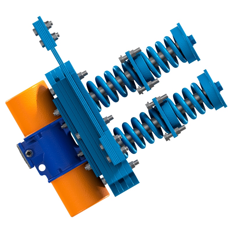 Close-up illustration of the Jeffrey Rader® NFE vibrating feeder drive system showing spring assemblies, drive mechanism, and natural frequency suspension components.