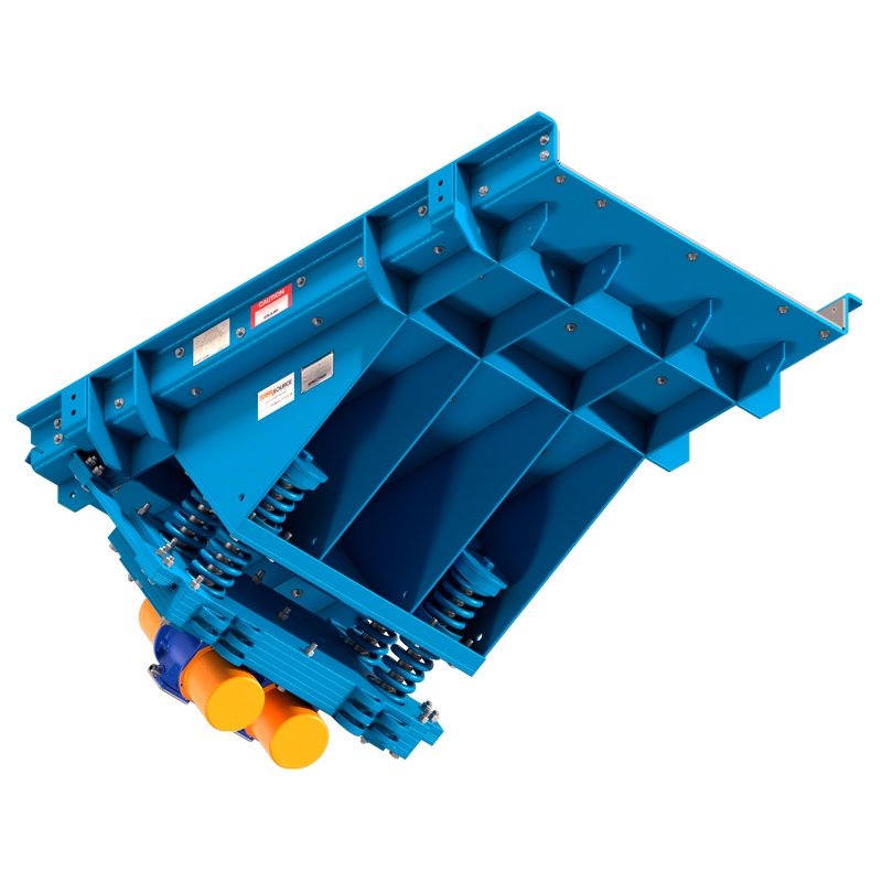 Underside view of a Jeffrey Rader® NFE electromechanical vibrating feeder showing reinforced pan structure, spring assemblies, and natural frequency drive components.