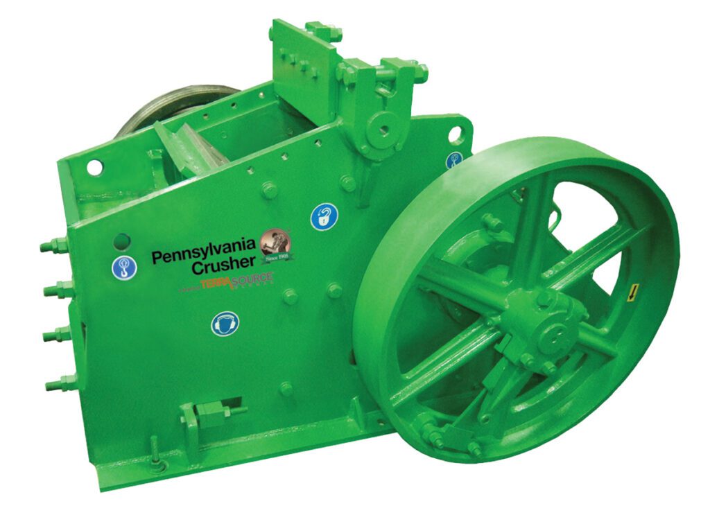 Pennsylvania Crusher double toggle jaw crusher with heavy-duty flywheel and reinforced steel frame designed for primary crushing applications.