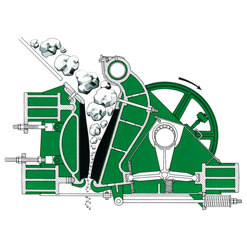 Sectional illustration of a Pennsylvania Crusher double toggle jaw crusher showing the compressive crushing action and material reduction path inside the crushing chamber.