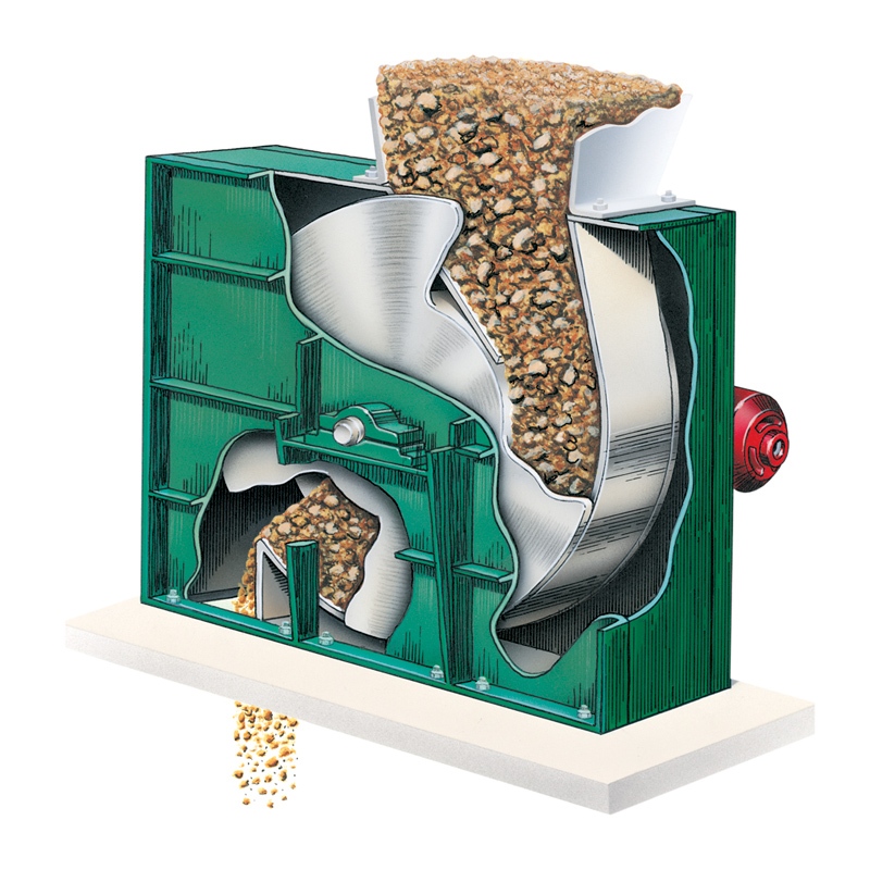 Sectional illustration of a Pennsylvania Crusher POSIFLOW™ feeder showing internal rotating feed mechanism and controlled bulk material flow path.