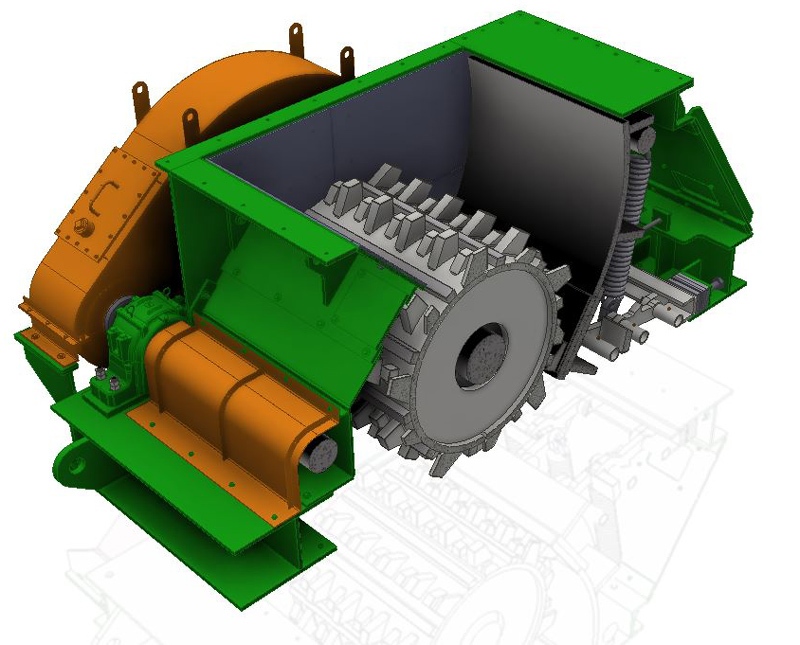 3D sectional rendering of a Pennsylvania Crusher single roll crusher showing the crushing roll, breaker plate assembly, drive system, and internal crushing chamber.