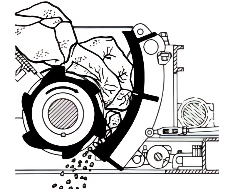Sectional illustration of a Pennsylvania Crusher single roll crusher showing material reduction between the rotating roll and curved breaker plate.