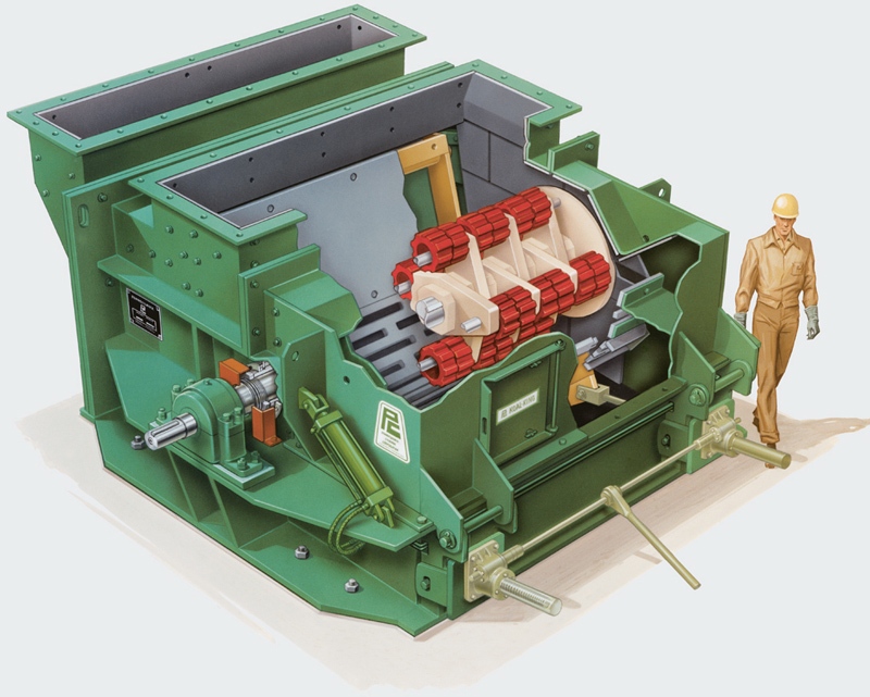 Cutaway illustration of a Pennsylvania Crusher TKK Granulator showing internal rotor assemblies, crushing chamber, breaker plates, and maintenance access components.