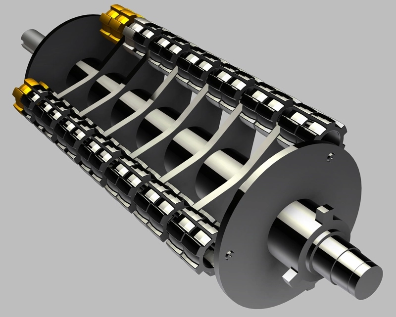 3D rendering of a Pennsylvania Crusher TKK Granulator rotor assembly featuring segmented crushing components, shaft supports, and heavy-duty impact reduction design.