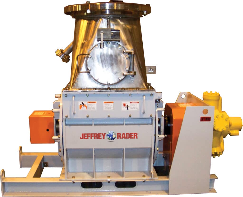 Jeffrey Rader® E-Series Double Knife Rotary Feeder/Delumper. This EDK Rotary Feeder/Delumper with stainless steel inlet housing, heavy-duty rotor assembly, and integrated drive system for controlled material feeding and lump reduction.
